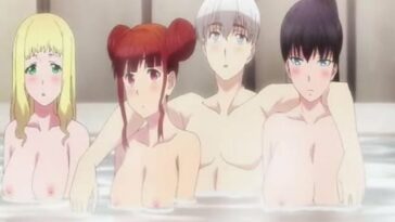 World's Ends Harem 9 - ecchi anime - Three anime girls use their boobs to shower guy