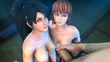 Yoshiwara Rose - Old Japanese guy gets his dick sucked by two 3d animated busty hotties