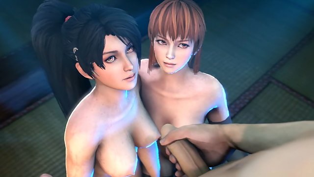Yoshiwara Rose - Old Japanese guy gets his dick sucked by two 3d animated busty hotties