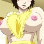 Busty mature anime woman gives a lusty boobjob in the woods