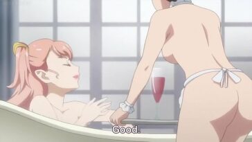 Sexy lesbian babe gets served drinks while in the bathtub before sexy fighting