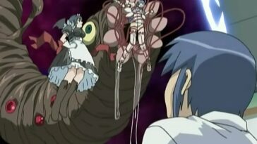 Busty anime schoolgirl gets her panties soaked when tentacle worm DPs her