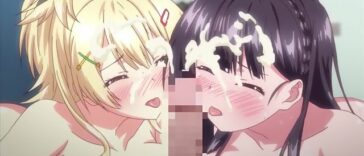Real Erogame Situation 2 ep2 - Two busty anime girls suck dick till sprayed with cum facial