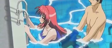 Sexy anime redhead gets fucked underwater in a swimming pool while talking to friends