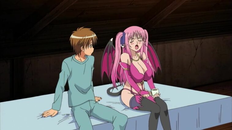 Evil anime babe with wings gives the guy a nice titjob
