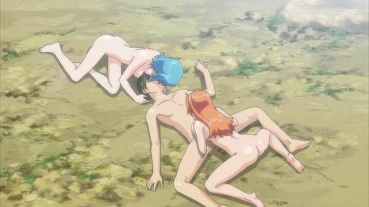 Two anime cuties having fun with his cock on a beach
