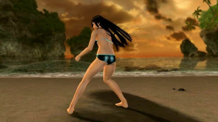 Cutie in a tight bikini practices on the beach - 3D video