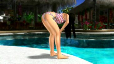 3D black-haired cutie swimming around the luxurious pool