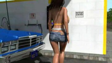 3D chick with a perfect body washes her automobile