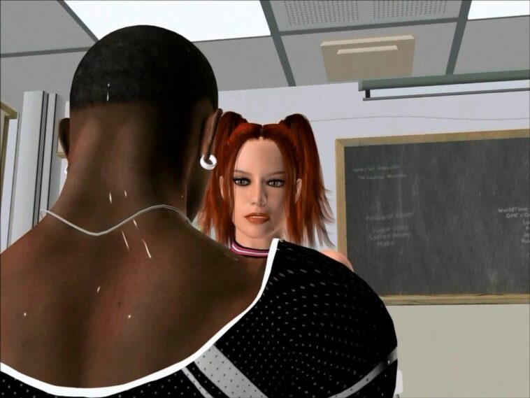 Redhead banged by the black guy in the classroom - 3D porn