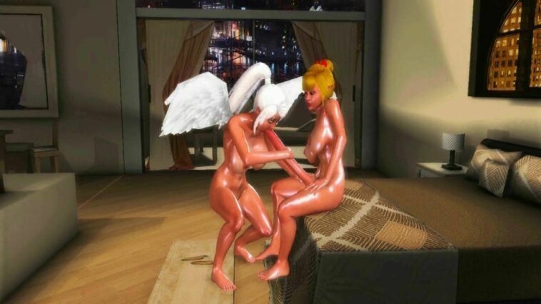 Two angels come to help a horny 3D shemale with erection