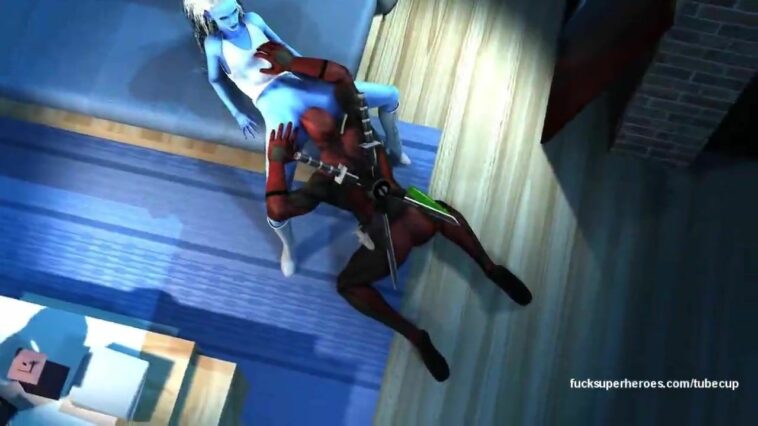 3D blue woman is glad to have sex with Deadpool