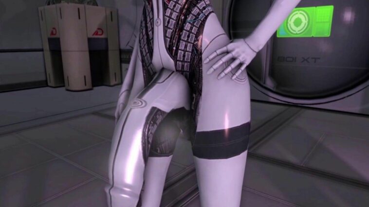 Samus from Metroid fucking a grey-skinned cyborg-looking futanari