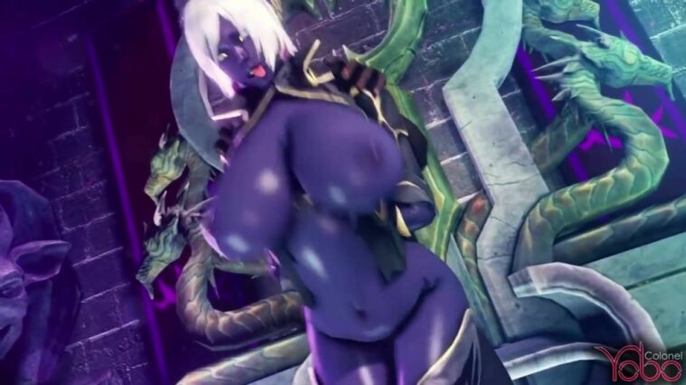 Purple-skinned elven beauty shows off her tits in this toon clip