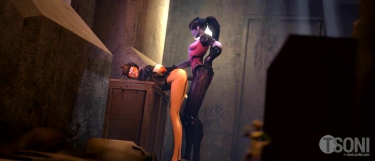 Hanged Tracer fucked hard in throat and ass by Widowmaker with a giant dick
