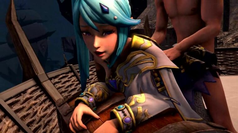 Cute princess with light-blue hair handjobs and gets fucked against the treasure chest