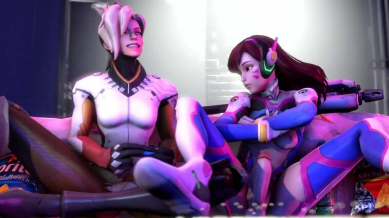 Mercy can't wait to suck D'va's cock and makes her shoot cum