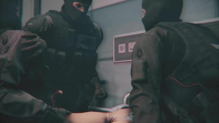 Blond-haired babe gets forcibly taken by two SWAT-looking dudes