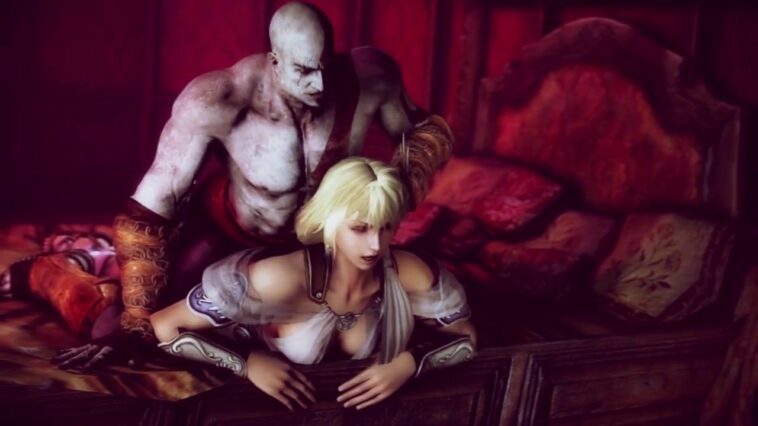Blond-haired beauty gets obliterated by a Kratos-looking mofo