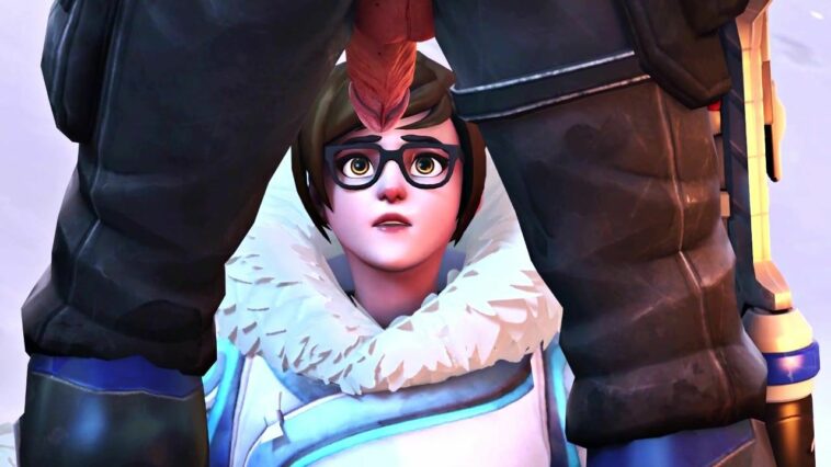 Mei from Overwatch has to blow some hung dude in the snow