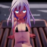 Tall anime hottie in tiny bikinis shows her body