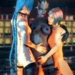Interracial lesbian 3D porn with three hot chicks