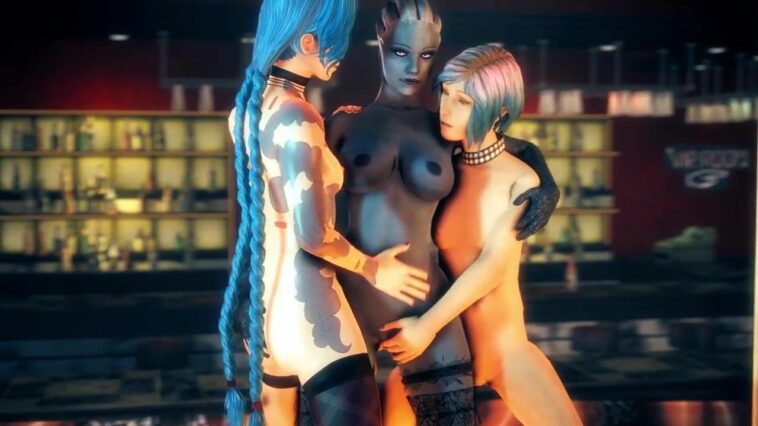 Interracial lesbian 3D porn with three hot chicks