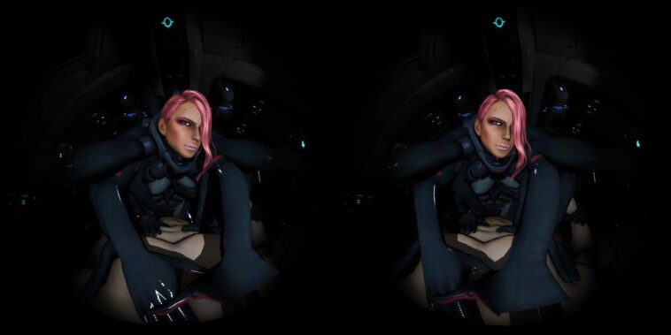 Pretty hot pink-haired angel in a black suit fucked in space