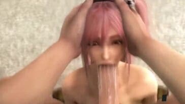 cute busty pink-haired woman sucks huge penis until drinking a lot of cum